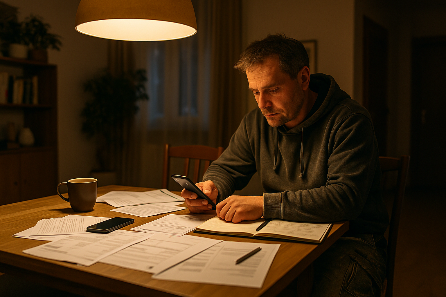 Handwerker am Abend mit zu viel Büroarbeit